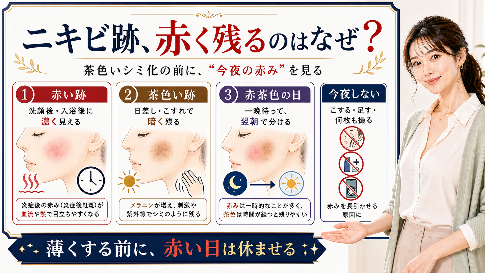 ニキビ跡が赤く残る理由と赤い跡・茶色い跡の見分け方を説明するアイキャッチ