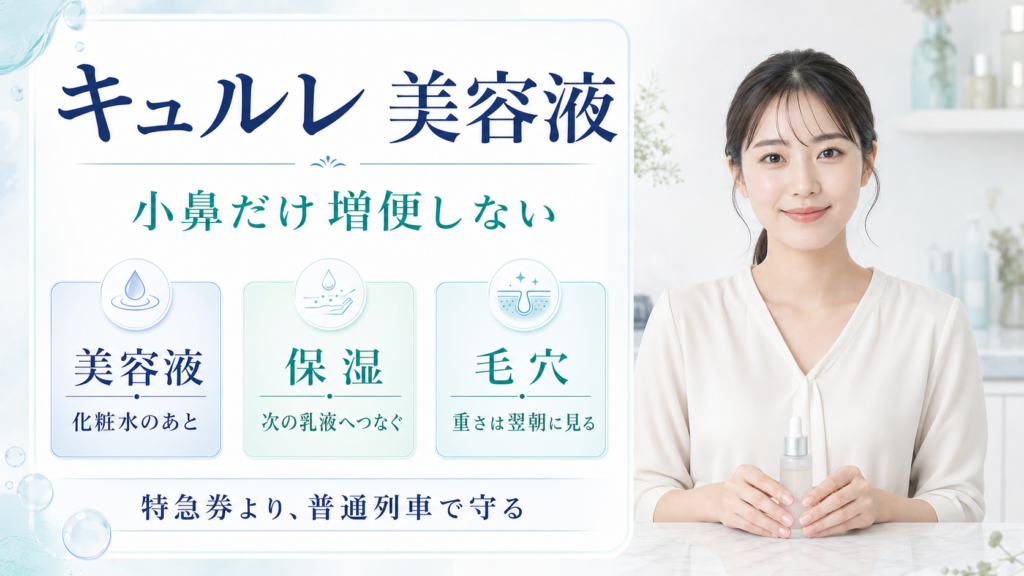 キュルレ 美容液を化粧水のあと、保湿、毛穴の翌朝確認で整理する図