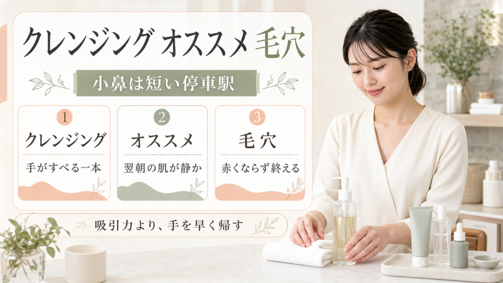 クレンジング オススメ 毛穴を手のすべり、翌朝、小鼻で整理する図