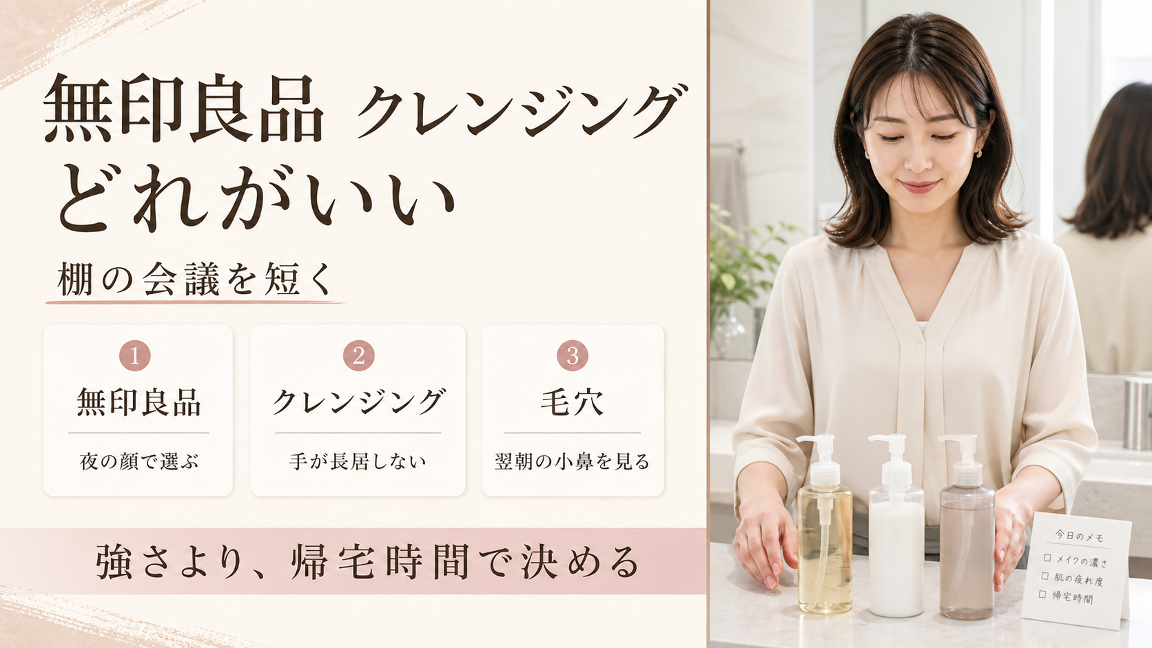無印良品 クレンジング どれがいいを夜の顔、手の長居、毛穴で整理する図