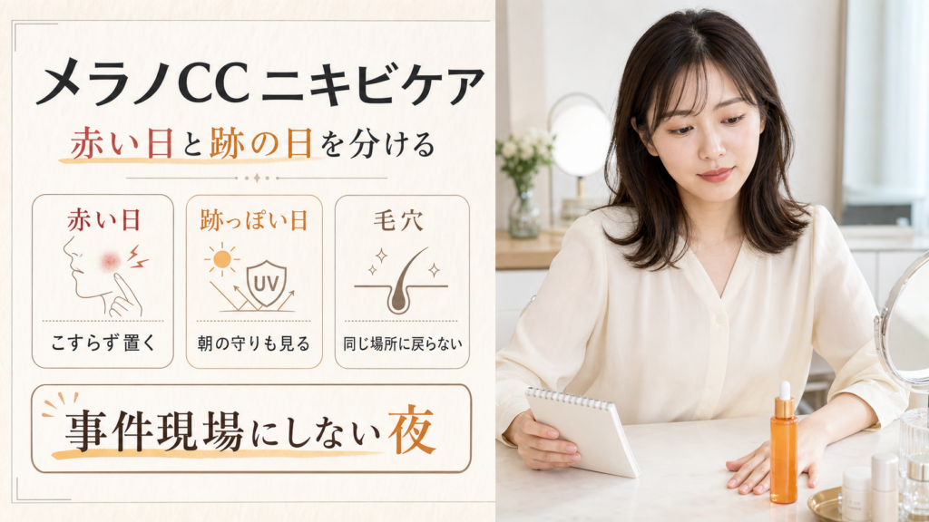 メラノCC ニキビケアを赤い日、跡っぽい日、毛穴で分ける図