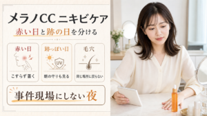 メラノCC ニキビケアを赤い日、跡っぽい日、毛穴で分ける図