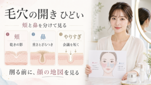 毛穴の開き ひどい時に頬の乾き、鼻の重さ、やりすぎケアを分ける図