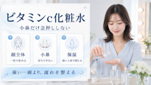 ビタミンc化粧水を顔全体、小鼻、保湿の順番で整理する図
