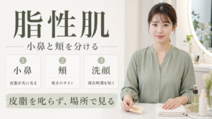 脂性肌を小鼻の皮脂、頬の乾き、洗顔時間で整理する図