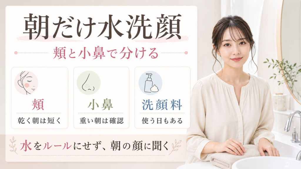 朝だけ水洗顔を頬の乾き、小鼻の重さ、洗顔料の使い分けで整理する図