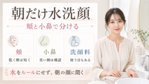 朝だけ水洗顔を頬の乾き、小鼻の重さ、洗顔料の使い分けで整理する図