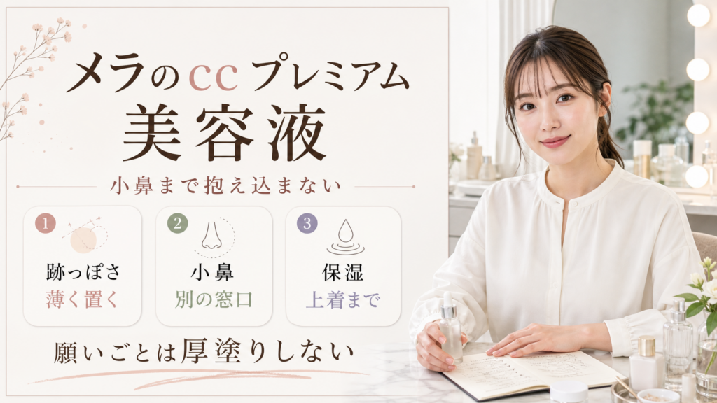 メラのcc プレミアム 美容液を跡っぽさ、小鼻、保湿で整理する図
