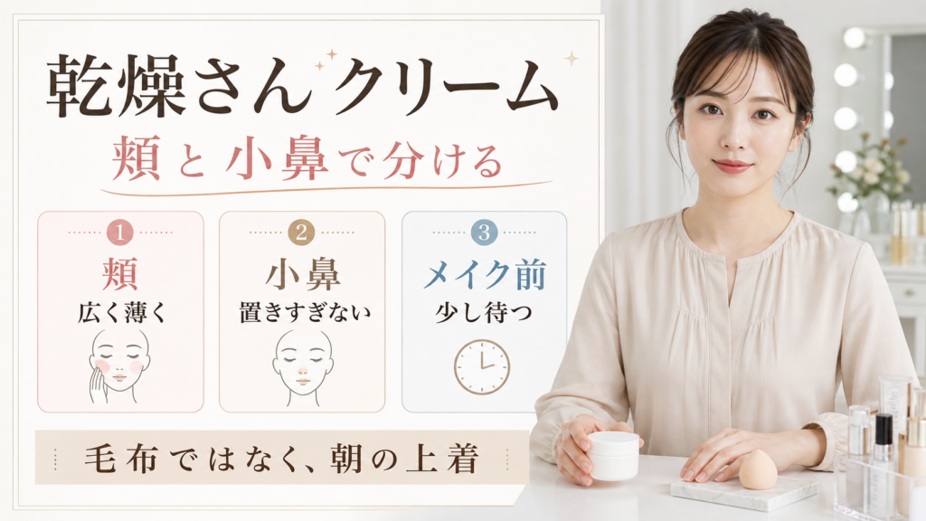 乾燥さんクリームを頬、小鼻、メイク前の待ち時間で整理する図