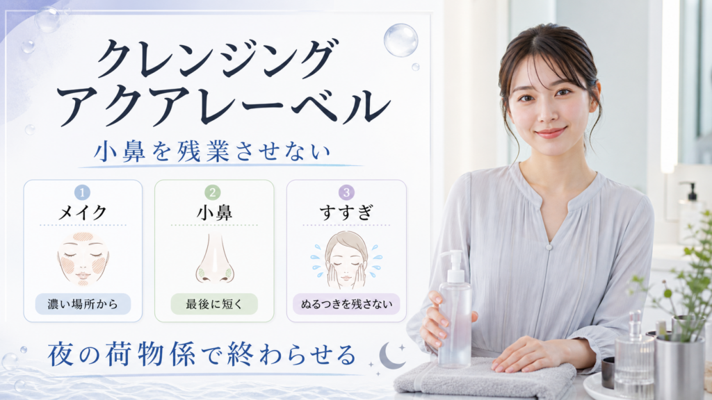 クレンジング アクアレーベルをメイク、小鼻、すすぎで整理する図