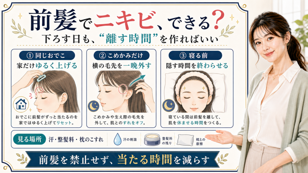 前髪でニキビができるか悩む人に前髪を禁止せず当たる時間を減らす考え方を説明するアイキャッチ