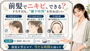前髪でニキビができるか悩む人に前髪を禁止せず当たる時間を減らす考え方を説明するアイキャッチ