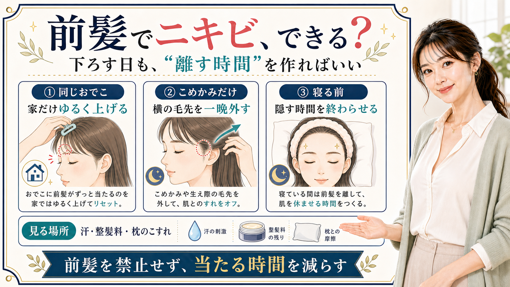 前髪でニキビができるか悩む人に前髪を禁止せず当たる時間を減らす考え方を説明するアイキャッチ