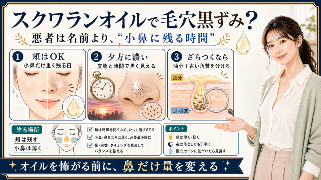 スクワランオイルで毛穴黒ずみが気になる時に小鼻へ残る時間と量を見直すアイキャッチ