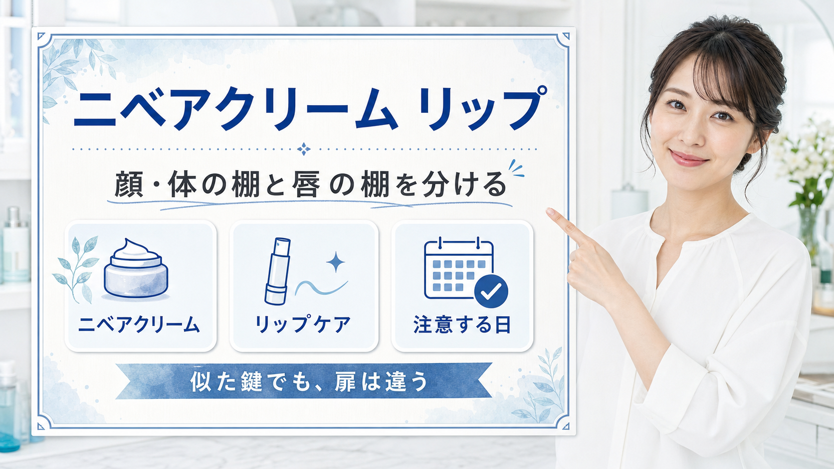 ニベアクリーム リップ 顔 体の棚と唇の棚を分ける