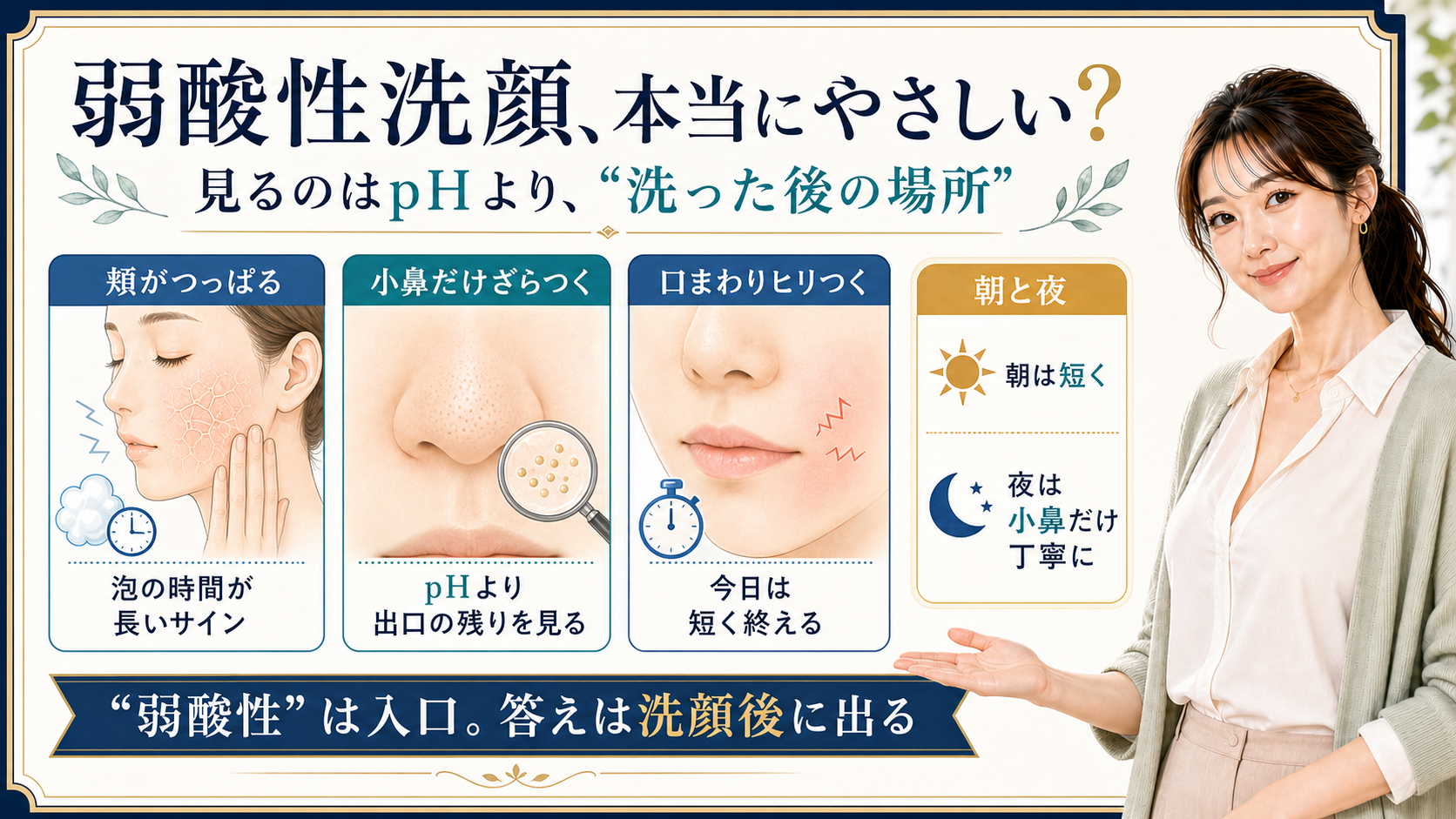 弱酸性洗顔が本当にやさしいかを頬・小鼻・口まわりの洗顔後サインで見るアイキャッチ