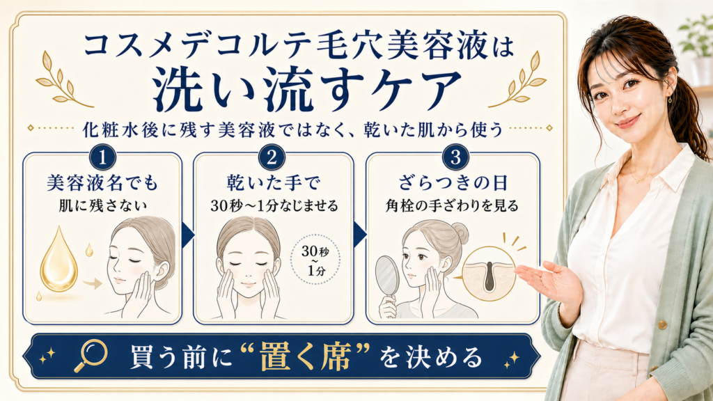 コスメデコルテ毛穴美容液は洗い流すケアで、乾いた手で使いざらつきの日に見ることを3カードで示すアイキャッチ