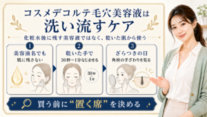 コスメデコルテ毛穴美容液は洗い流すケアで、乾いた手で使いざらつきの日に見ることを3カードで示すアイキャッチ
