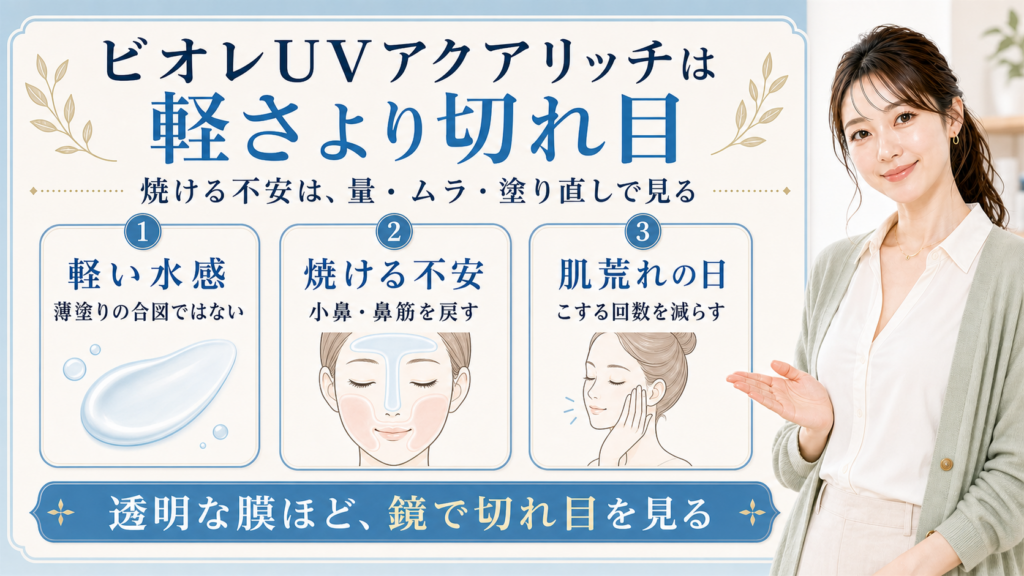 ビオレUVアクアリッチは軽さだけでなく焼ける不安、肌荒れ、小鼻の切れ目を見ることを3カードで示すアイキャッチ