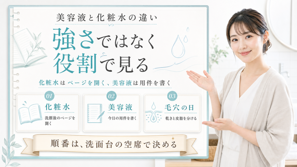 美容液と化粧水の違いを、化粧水はページを開く、美容液は用件を書く、毛穴の日は乾きと皮脂を分けるという3カードで示すアイキャッチ