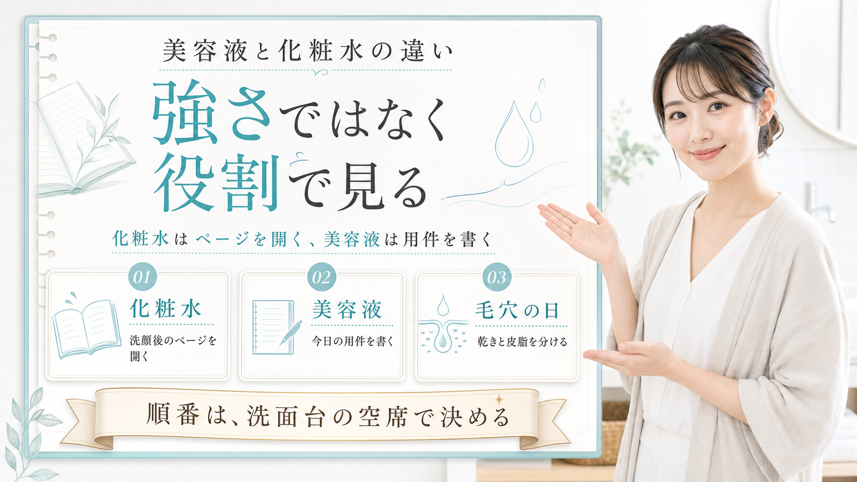 美容液と化粧水の違いを、化粧水はページを開く、美容液は用件を書く、毛穴の日は乾きと皮脂を分けるという3カードで示すアイキャッチ
