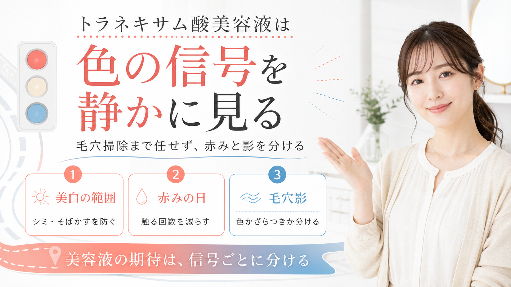 トラネキサム酸美容液は毛穴掃除まで任せず、色の信号を静かに見て赤みと毛穴影を分けることを3カードで示すアイキャッチ