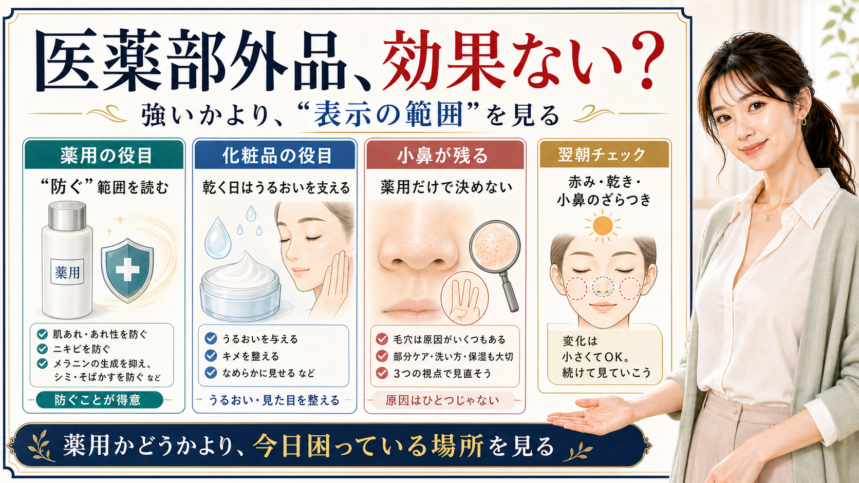 医薬部外品が効果ないと感じる時に薬用の表示範囲と化粧品との違いを見るアイキャッチ