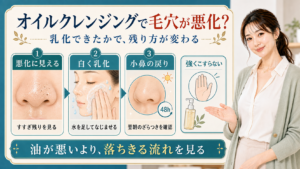 オイルクレンジングで毛穴が悪化するかを乳化とすすぎ残りで見る解説ボード