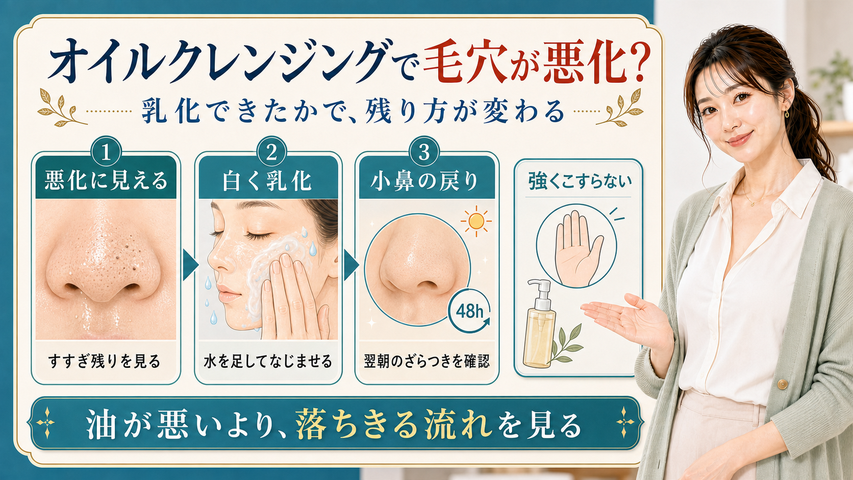 オイルクレンジングで毛穴が悪化するかを乳化とすすぎ残りで見る解説ボード