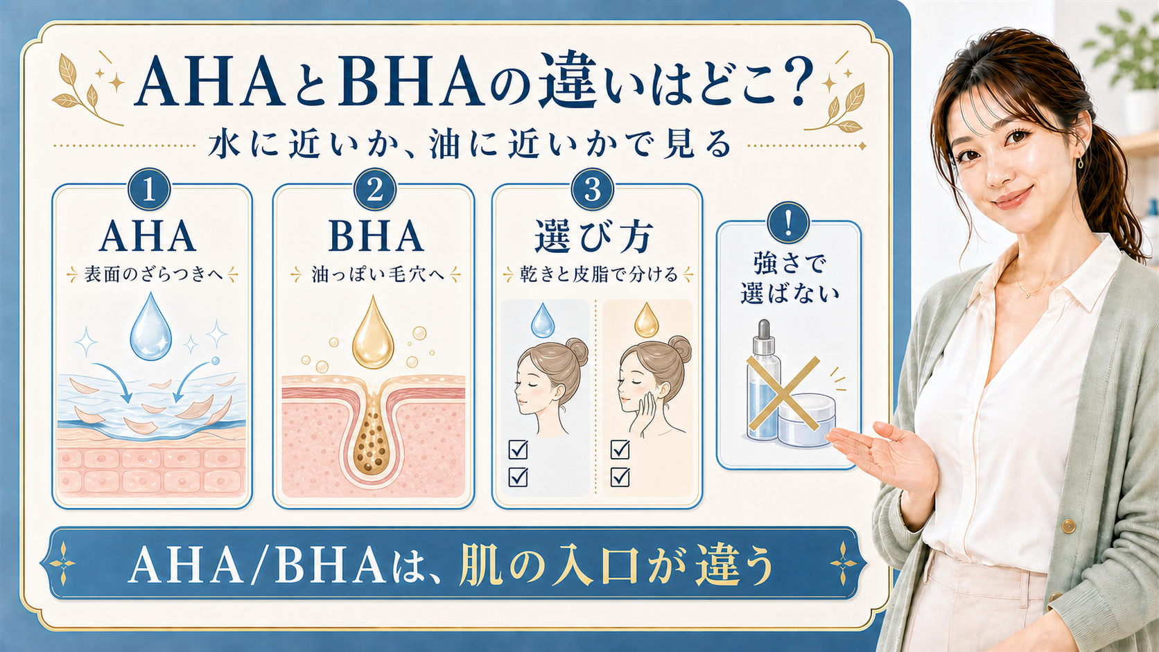 AHAとBHAの違いを水に近いか油に近いかで整理した解説ボード