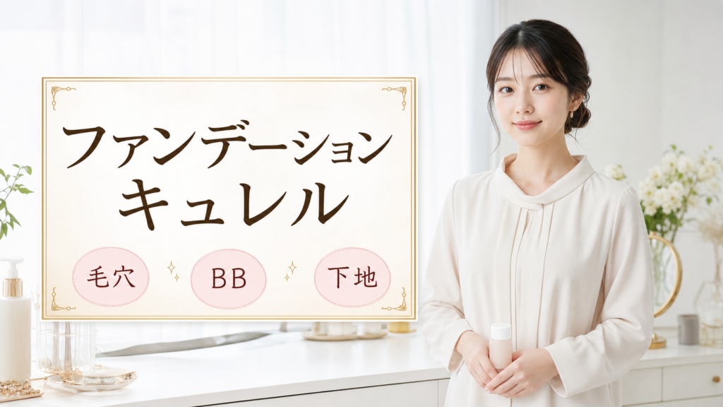 ファンデーション キュレルの見方を示す美容ボードと20代後半の清楚な女性