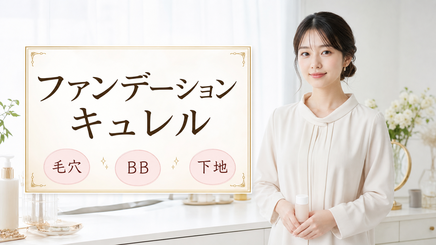 ファンデーション キュレルの見方を示す美容ボードと20代後半の清楚な女性