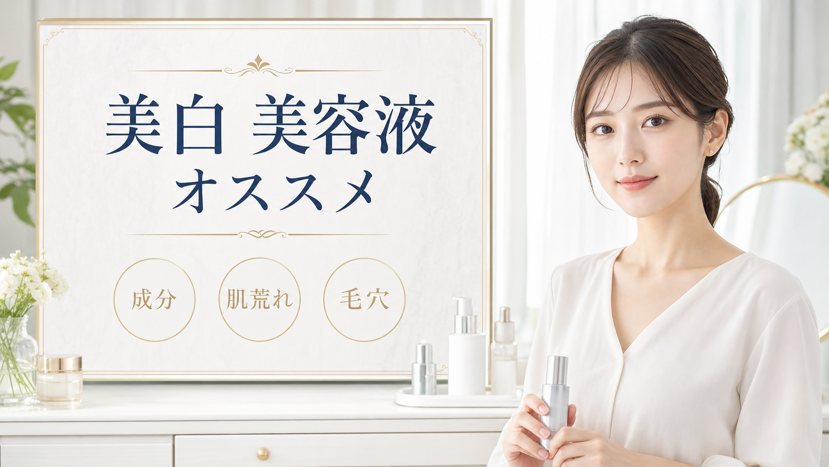 美白 美容液 オススメの見方を示す美容ボードと20代後半の清楚な女性