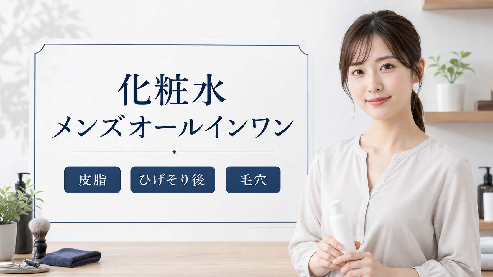 化粧水 メンズオールインワンの見方を示す美容ボードと20代後半の清楚な女性