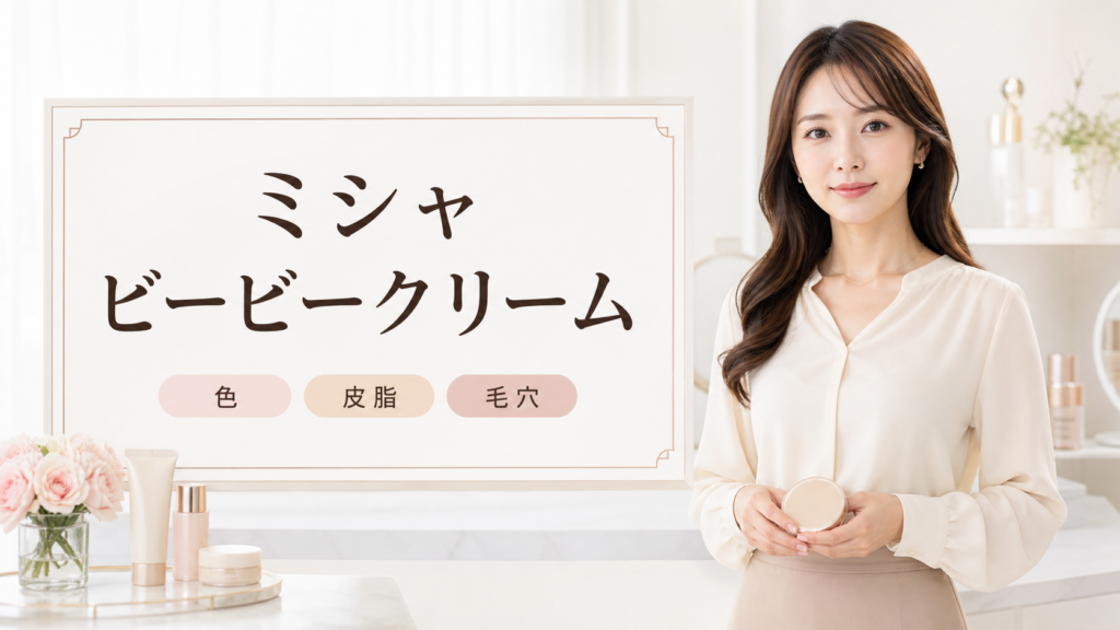 ミシャ ビービークリームの見方を示す美容ボードと20代後半の清楚な女性