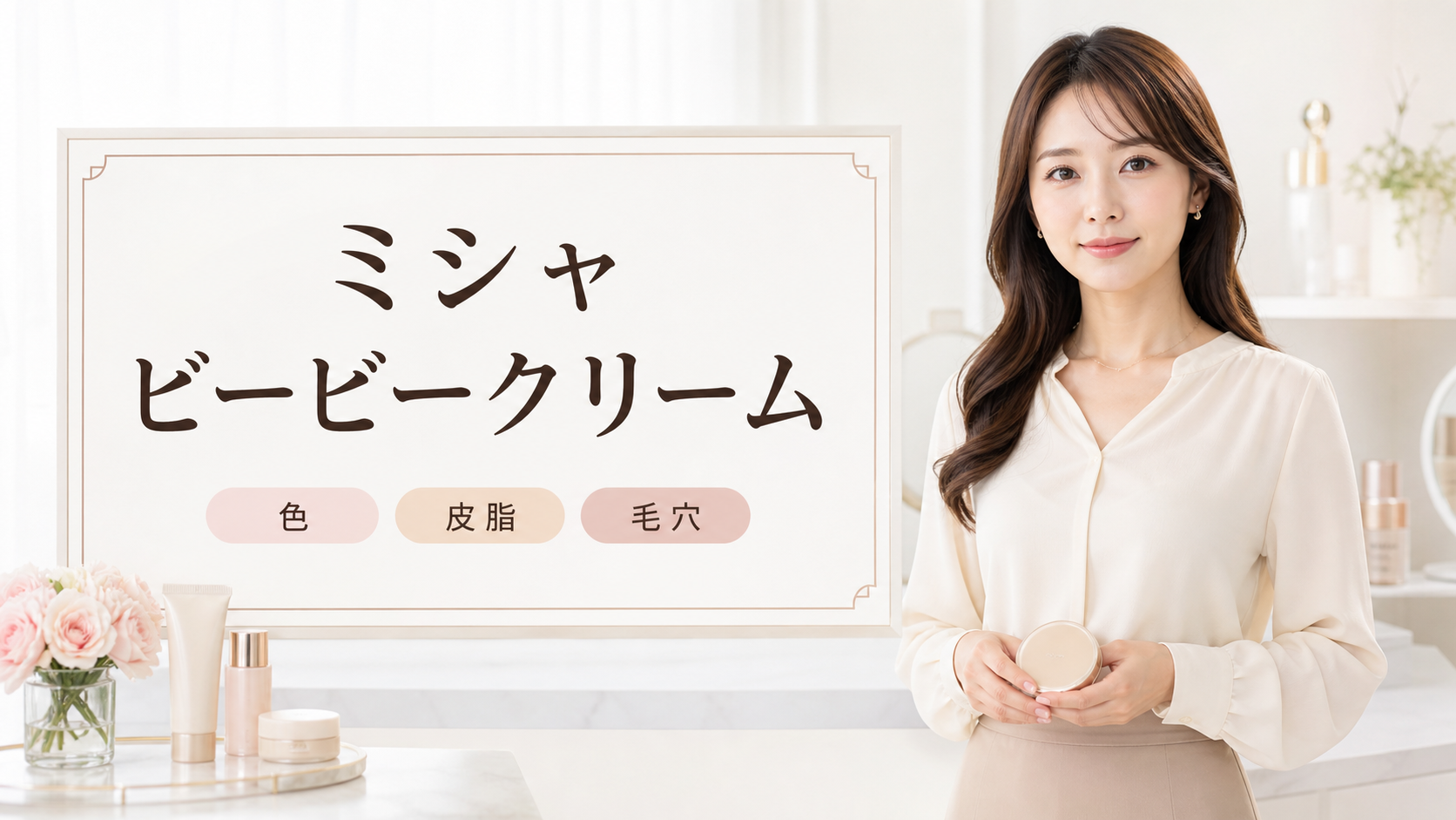 ミシャ ビービークリームの見方を示す美容ボードと20代後半の清楚な女性