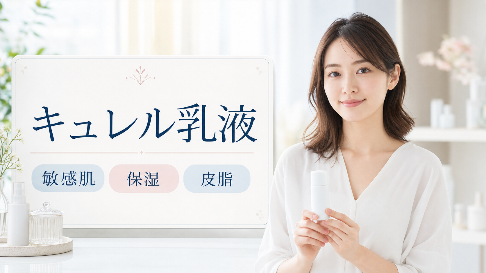 キュレル乳液の見方を示す美容ボードと20代後半の清楚な女性