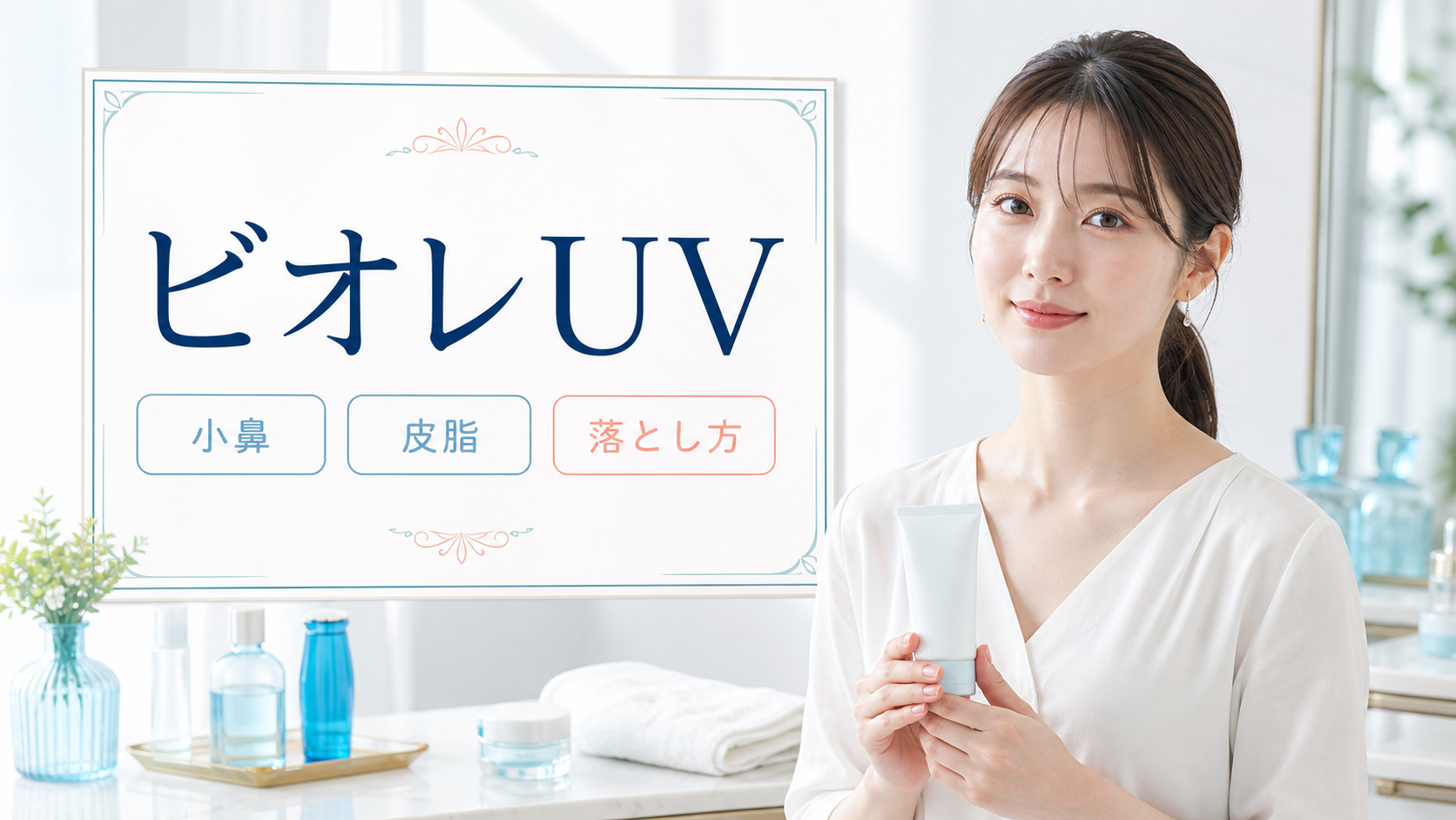 ビオレUVの見方を示す美容ボードと20代後半の清楚な女性