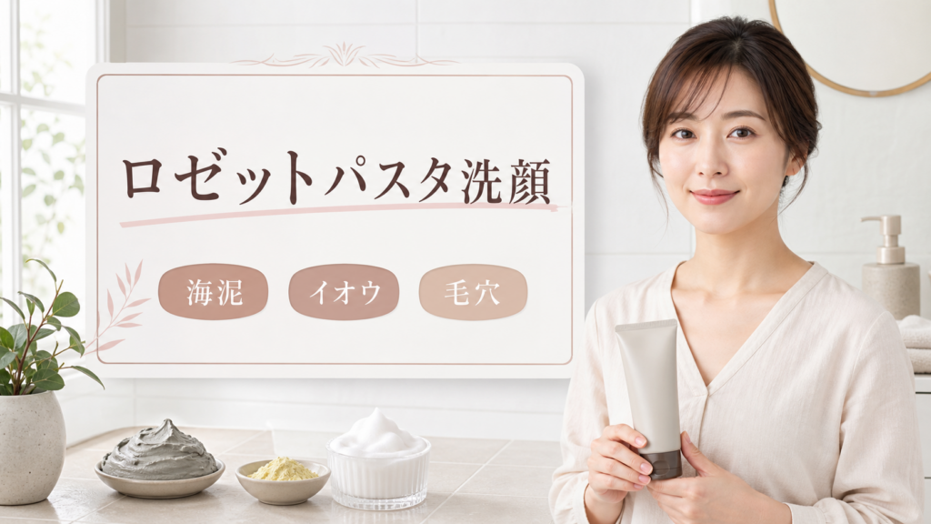 ロゼットパスタ洗顔の見方を示す美容ボードと20代後半の清楚な女性