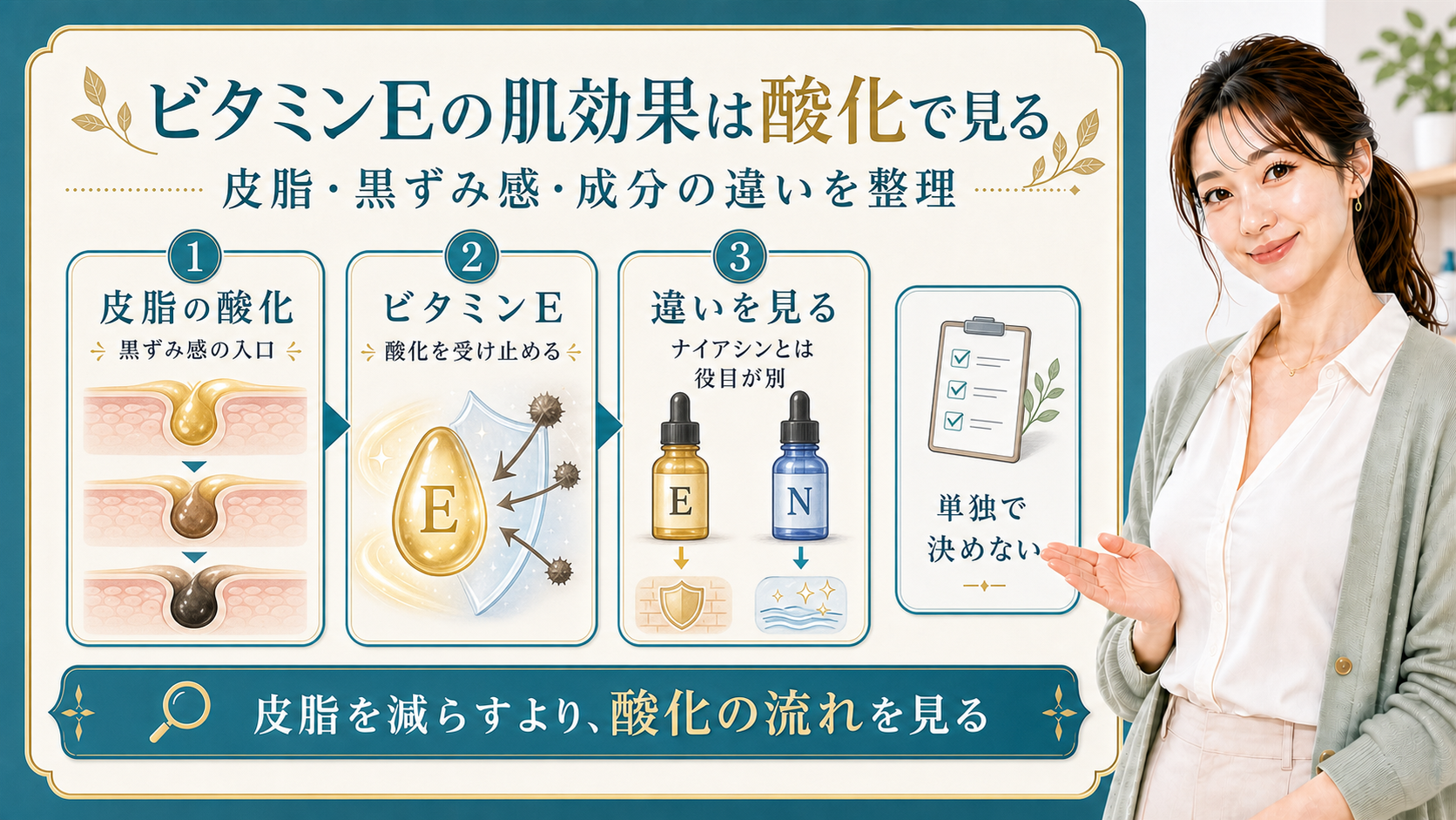 ビタミンEの肌効果を皮脂の酸化と成分の違いで整理した解説ボード