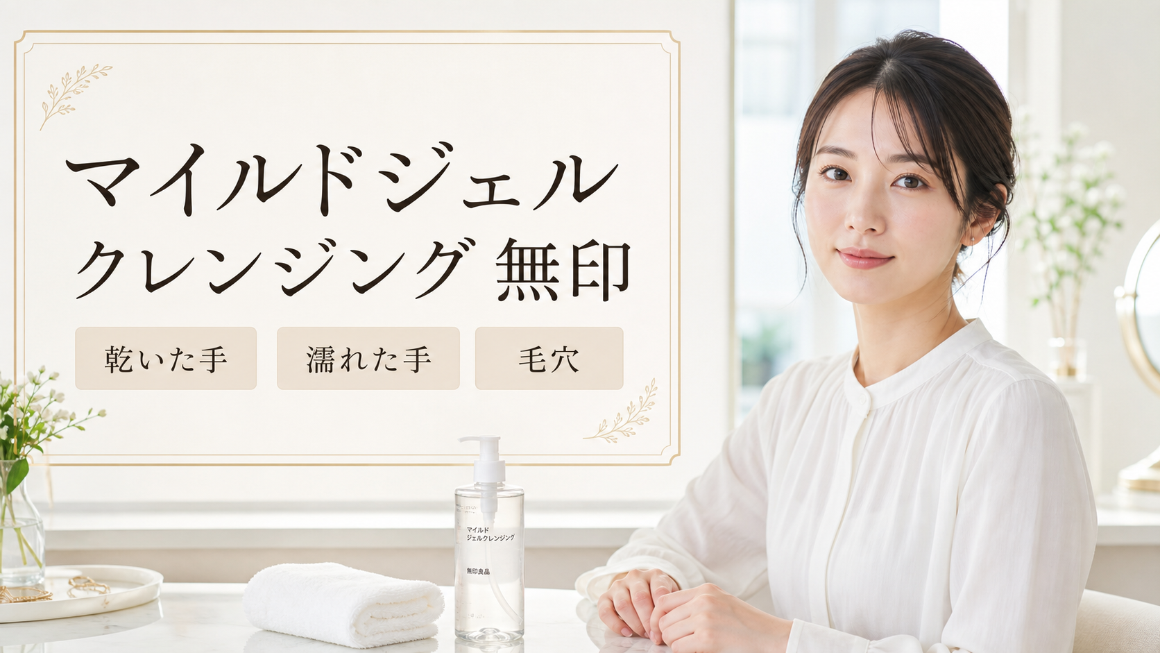 マイルドジェルクレンジング 無印の見方を示す美容ボードと20代後半の清楚な女性