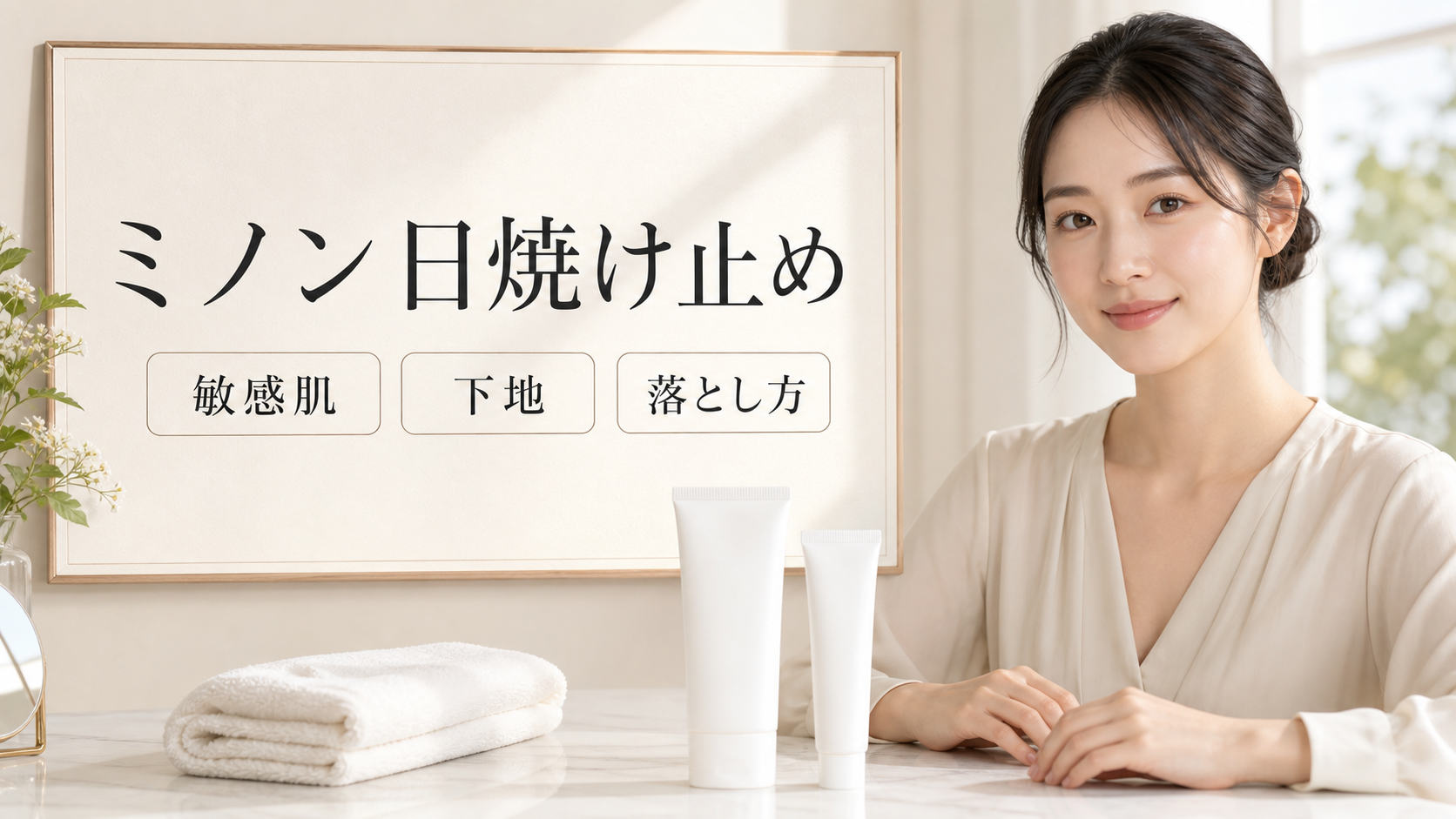 ミノン日焼け止めの見方を示す美容ボードと20代後半の清楚な女性