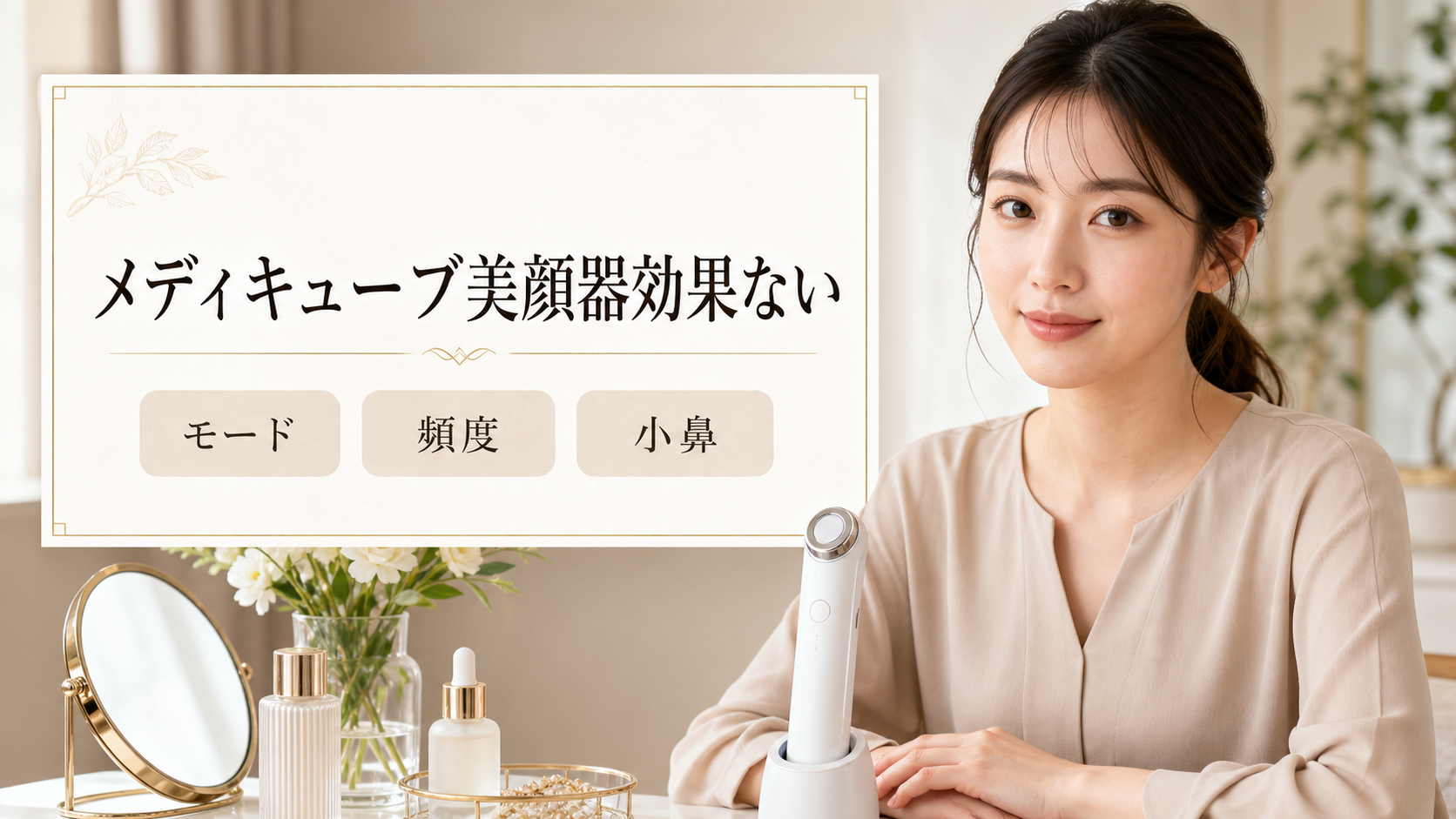 メディキューブ美顔器効果ないの見方を示す美容ボードと20代後半の清楚な女性