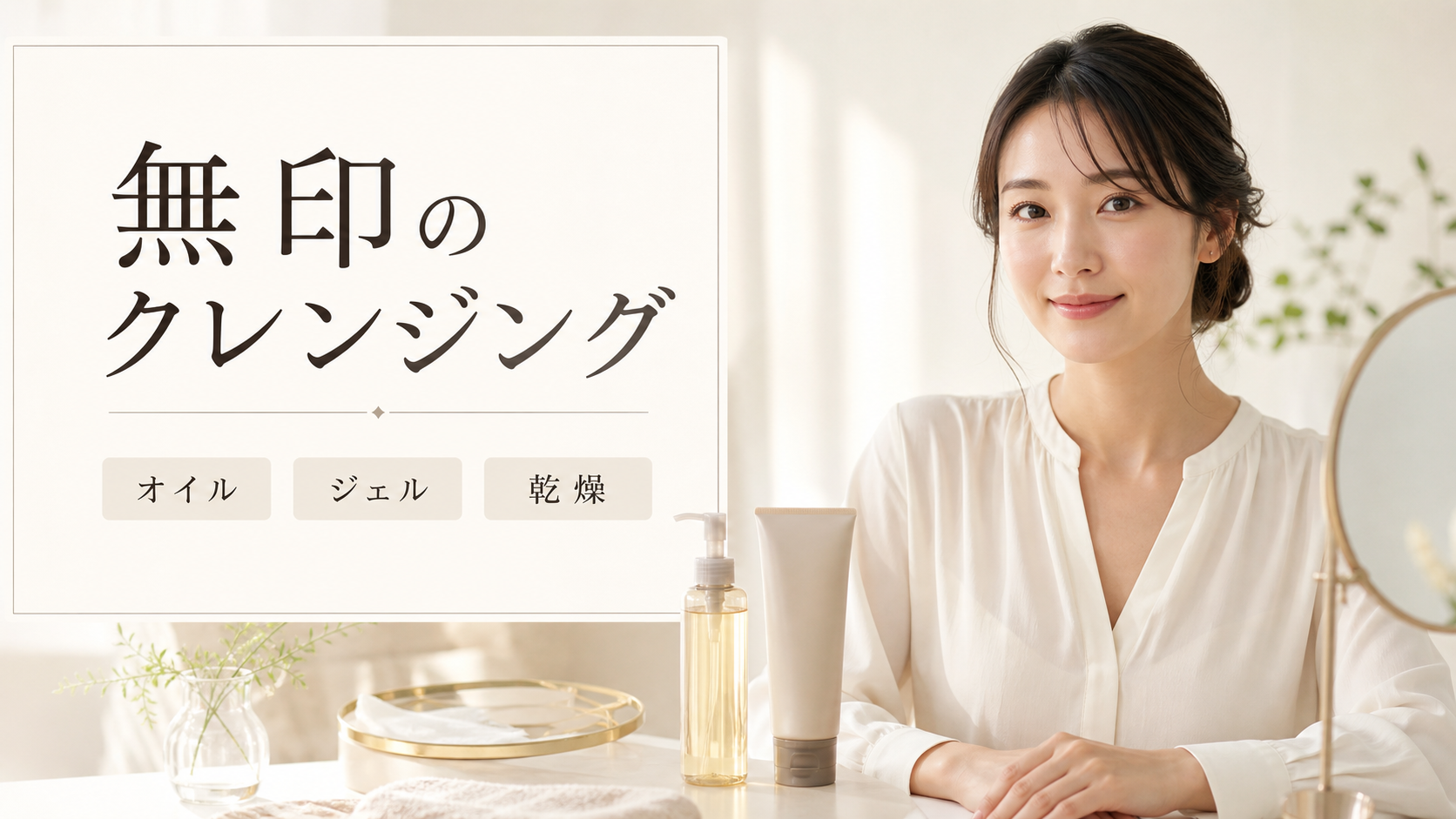 無印のクレンジングの見方を示す美容ボードと20代後半の清楚な女性