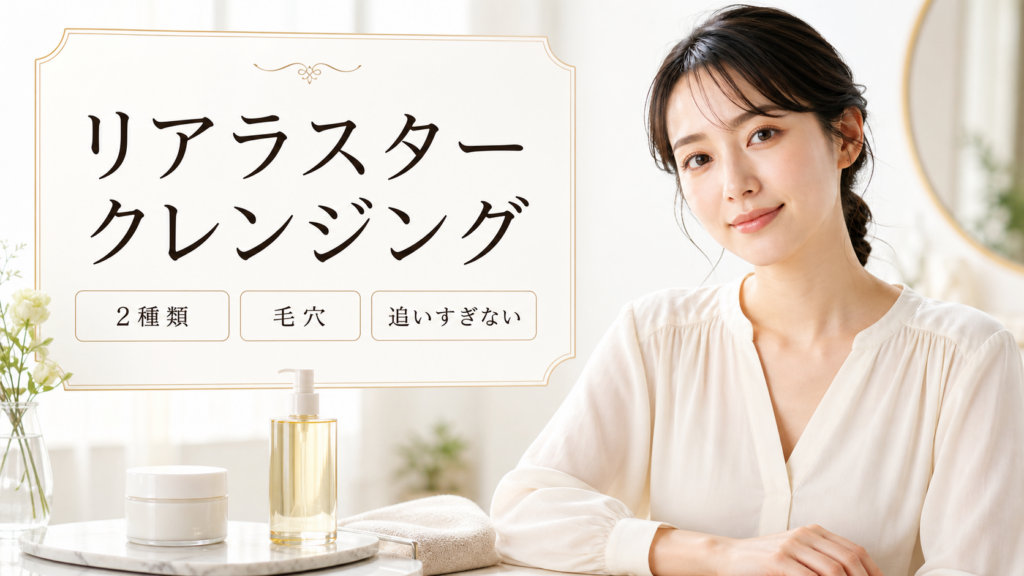 リアラスター クレンジングの見方を示す美容ボードと20代後半の清楚な女性