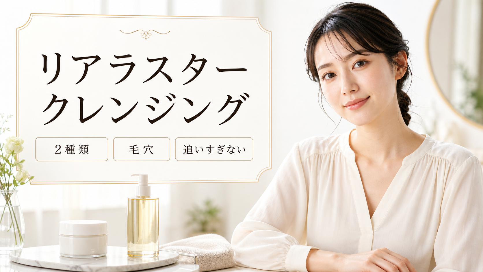 リアラスター クレンジングの見方を示す美容ボードと20代後半の清楚な女性