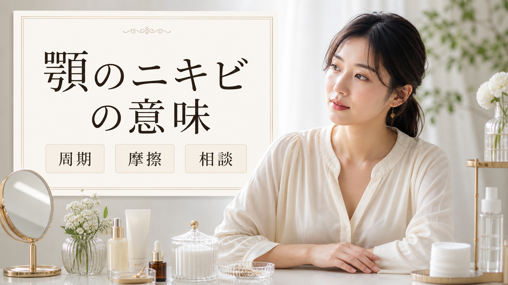 顎のニキビの意味の見方を示す美容ボードと20代後半の清楚な女性