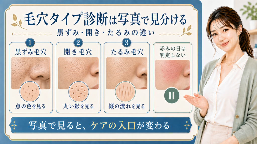 毛穴タイプ診断を写真で黒ずみ・開き・たるみ別に見分ける解説ボード