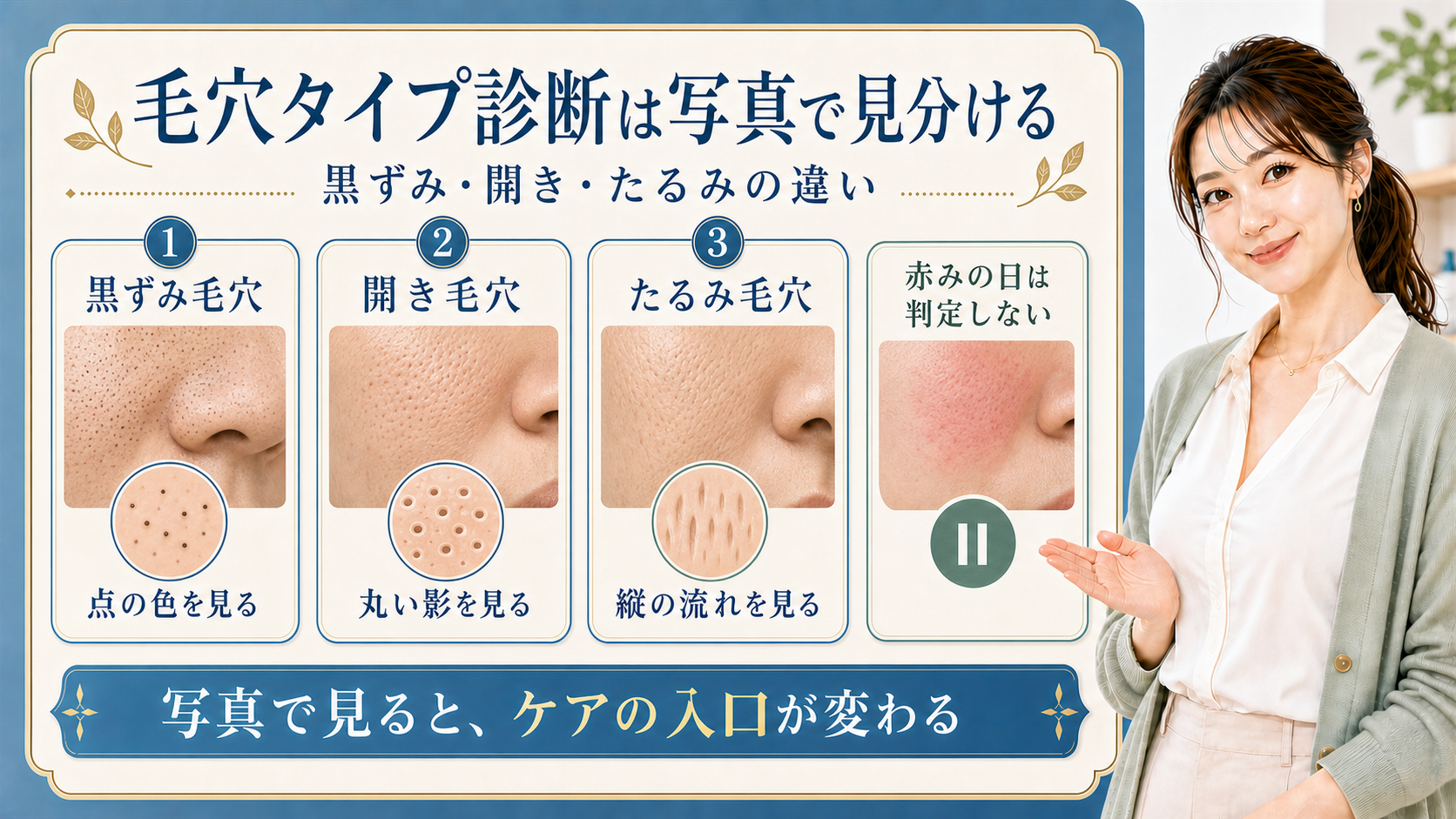毛穴タイプ診断を写真で黒ずみ・開き・たるみ別に見分ける解説ボード