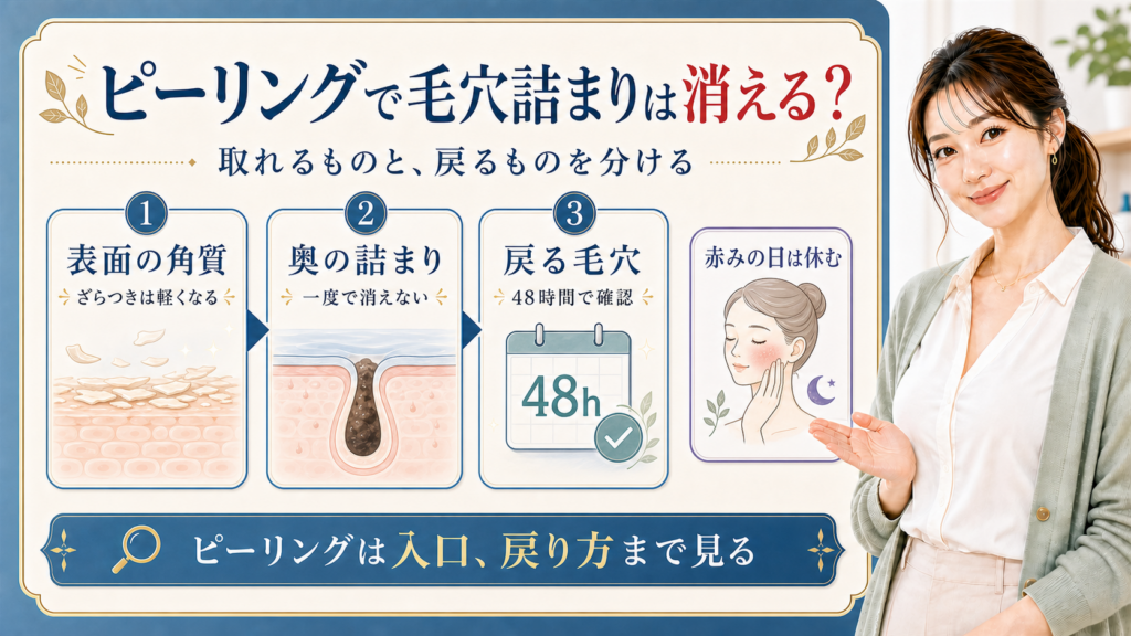 ピーリングで毛穴詰まりが消えるかを取れるものと戻るもので分ける解説ボード